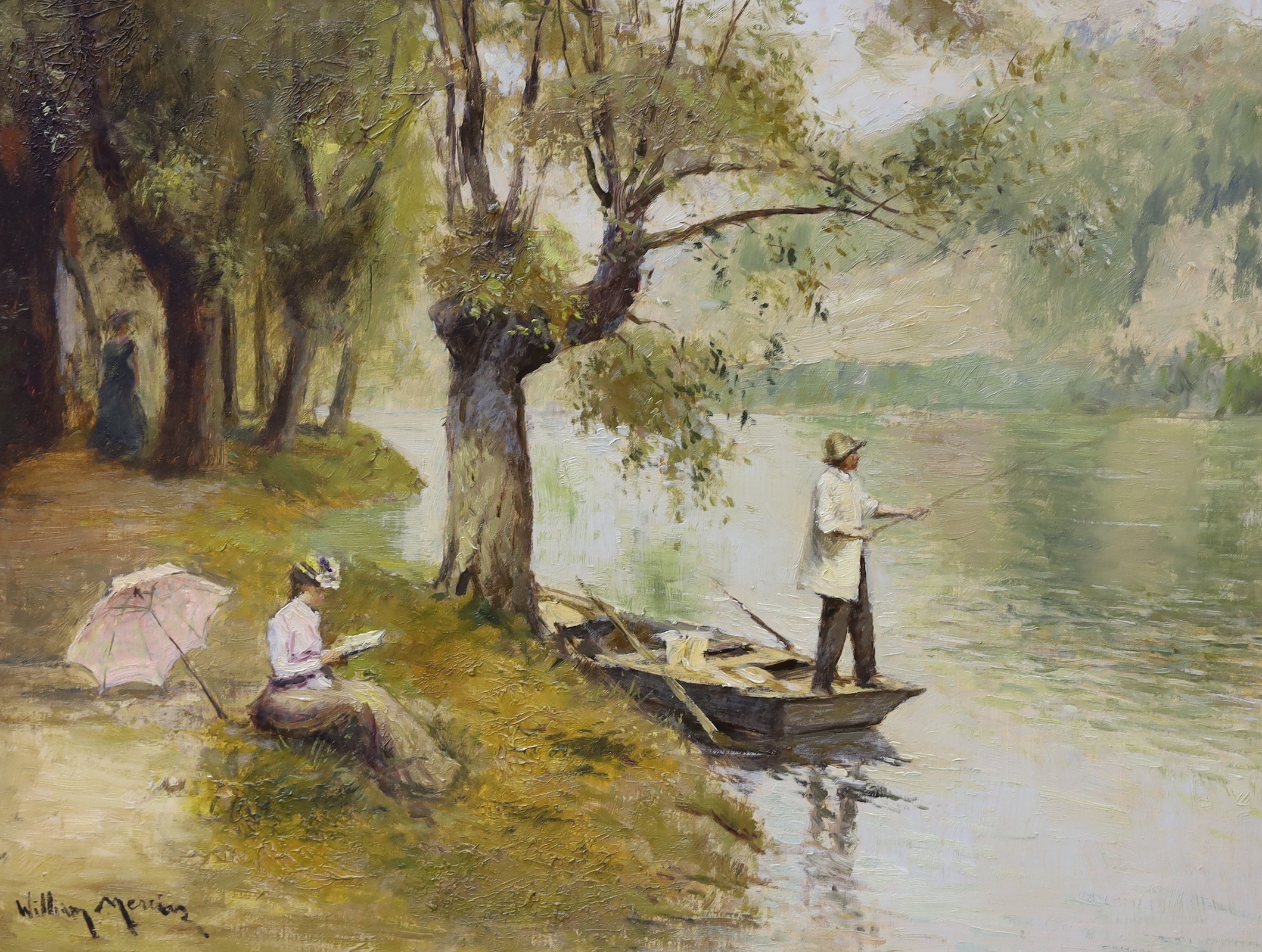 William Mernier, oil on canvas, Riverside scene, signed, 45 x 60cm
